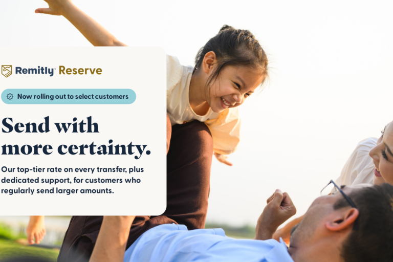 Built for large amounts. Certainty on every transfer. Introducing Remitly Reserve.